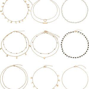 9 Pieces Gold Layering Chain Choker Necklace Layered Pendant Statement Necklace
